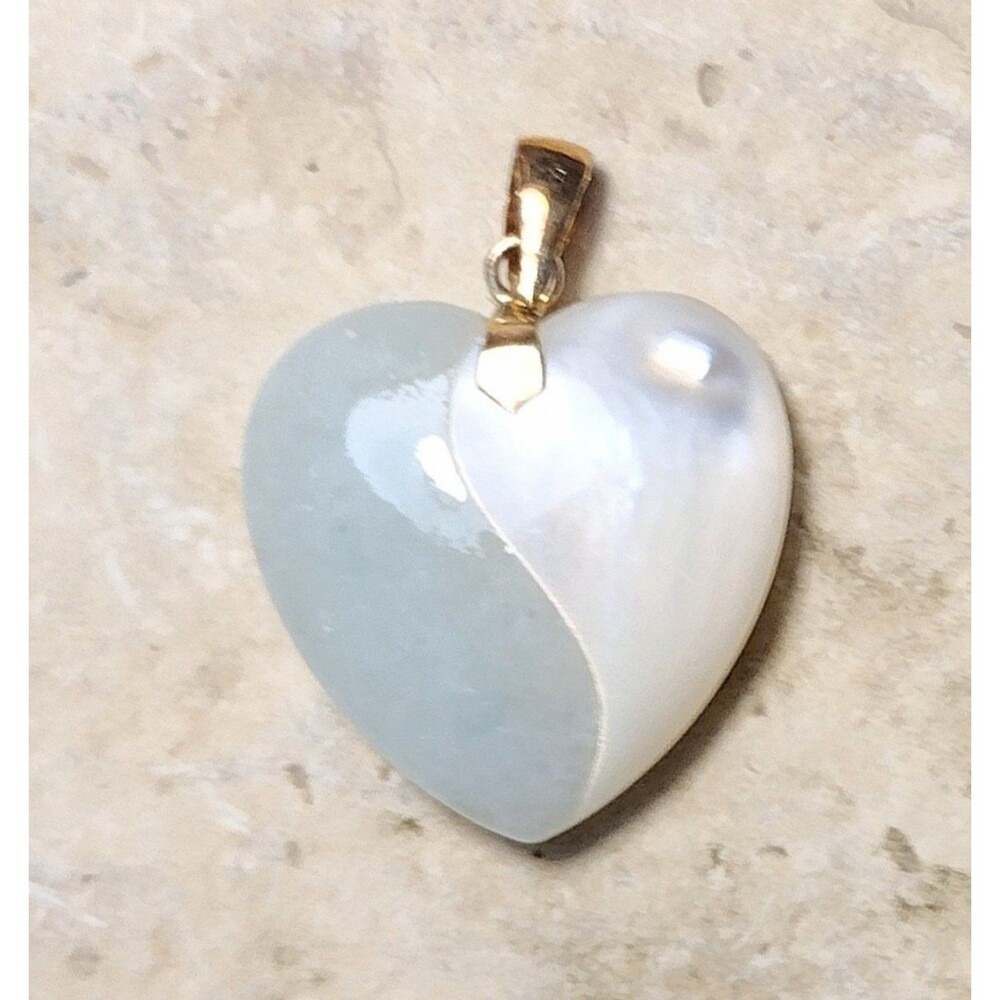 14k Solid Gold Pendant Green JADEITE & MOTHER OF PEARL Carved HEART Yin Yang